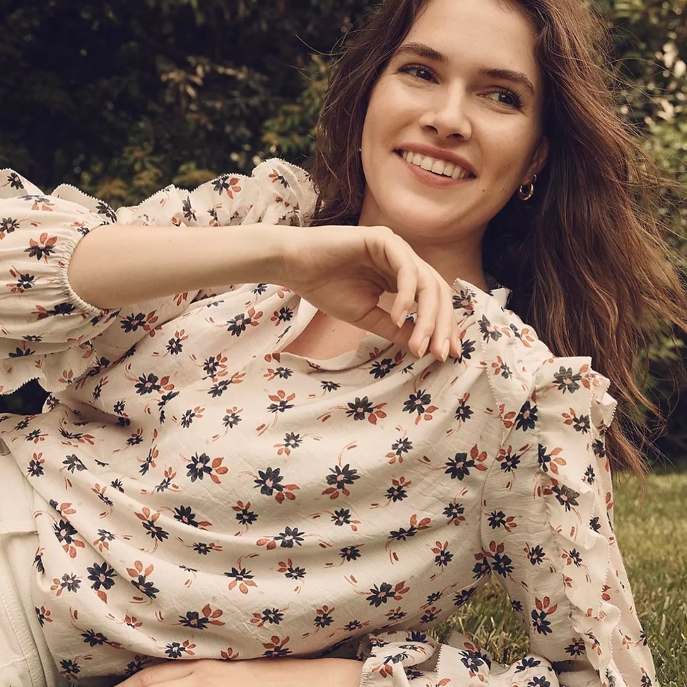 Ann Taylor Floral Ruffle Sleeve Blouse